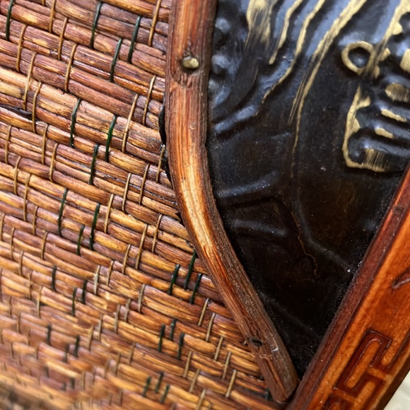 VINTAGE WOOD PURSE BAMBOO WRAPPED HANDLES BRASS SLIDE LATCH and HINGED 1960’s - Picture 17 of 17